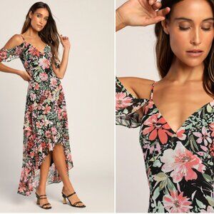 Lulu's Black Floral Print Cold Shoulder High-Low Dress